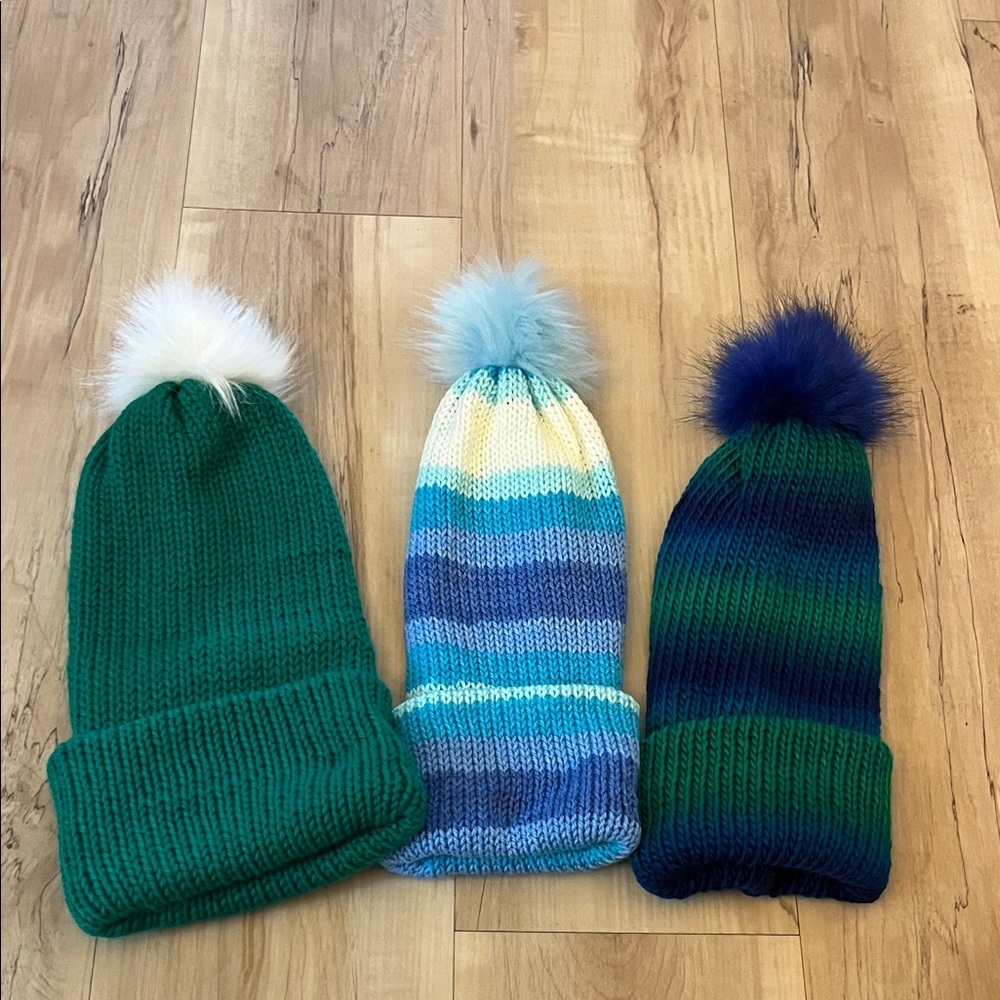 Knit Beanie Trio Green Blue Multicolor - Picture 2 of 5